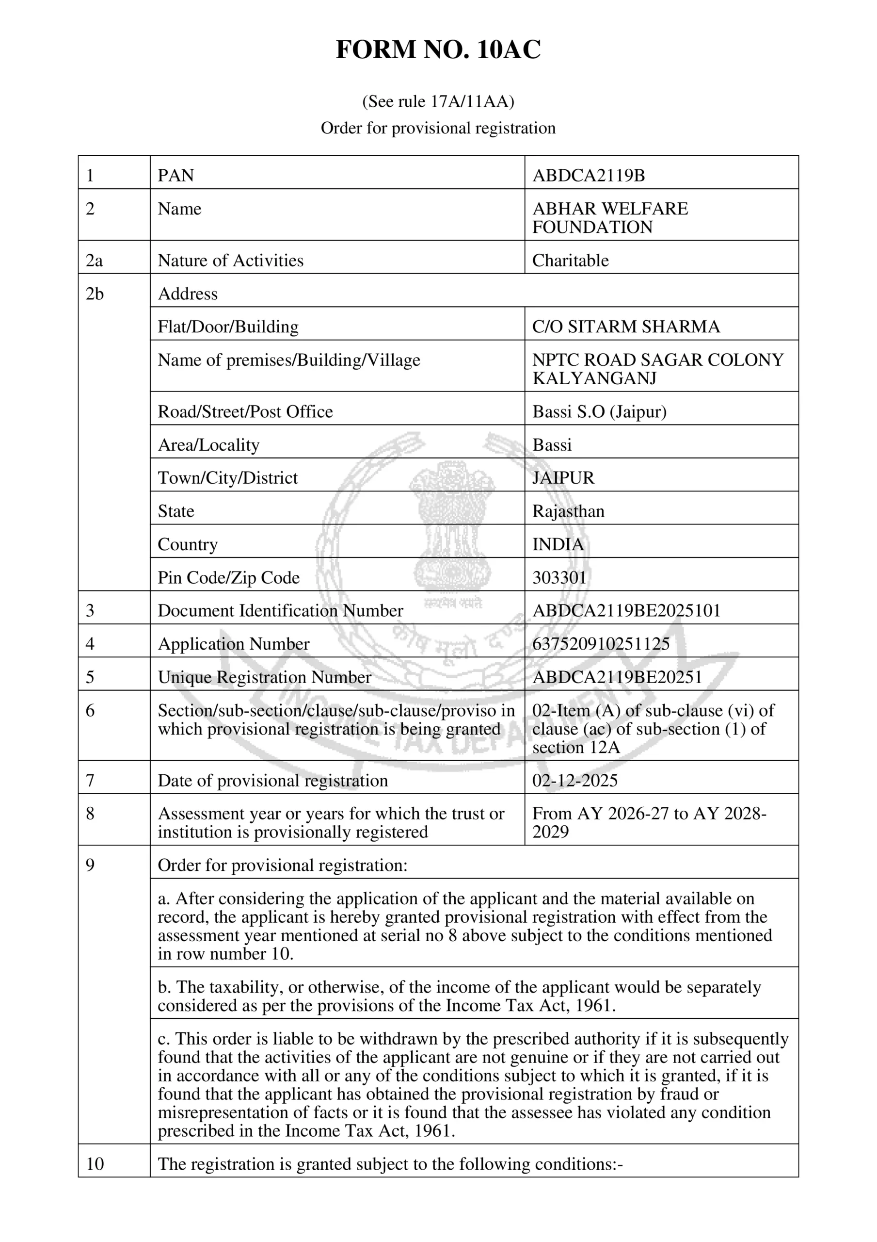 12A Provisional Registration