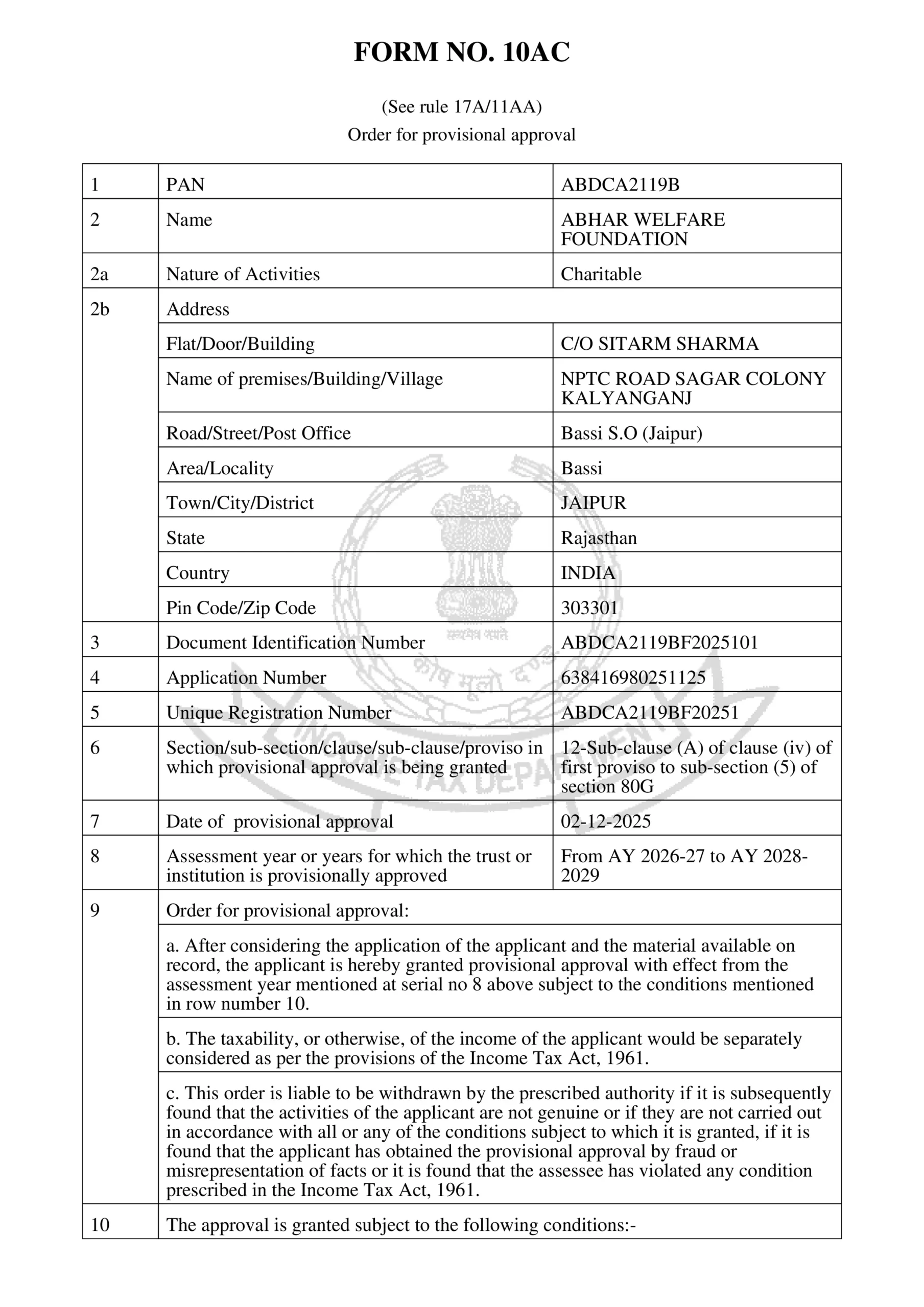 80G Provisional Registration