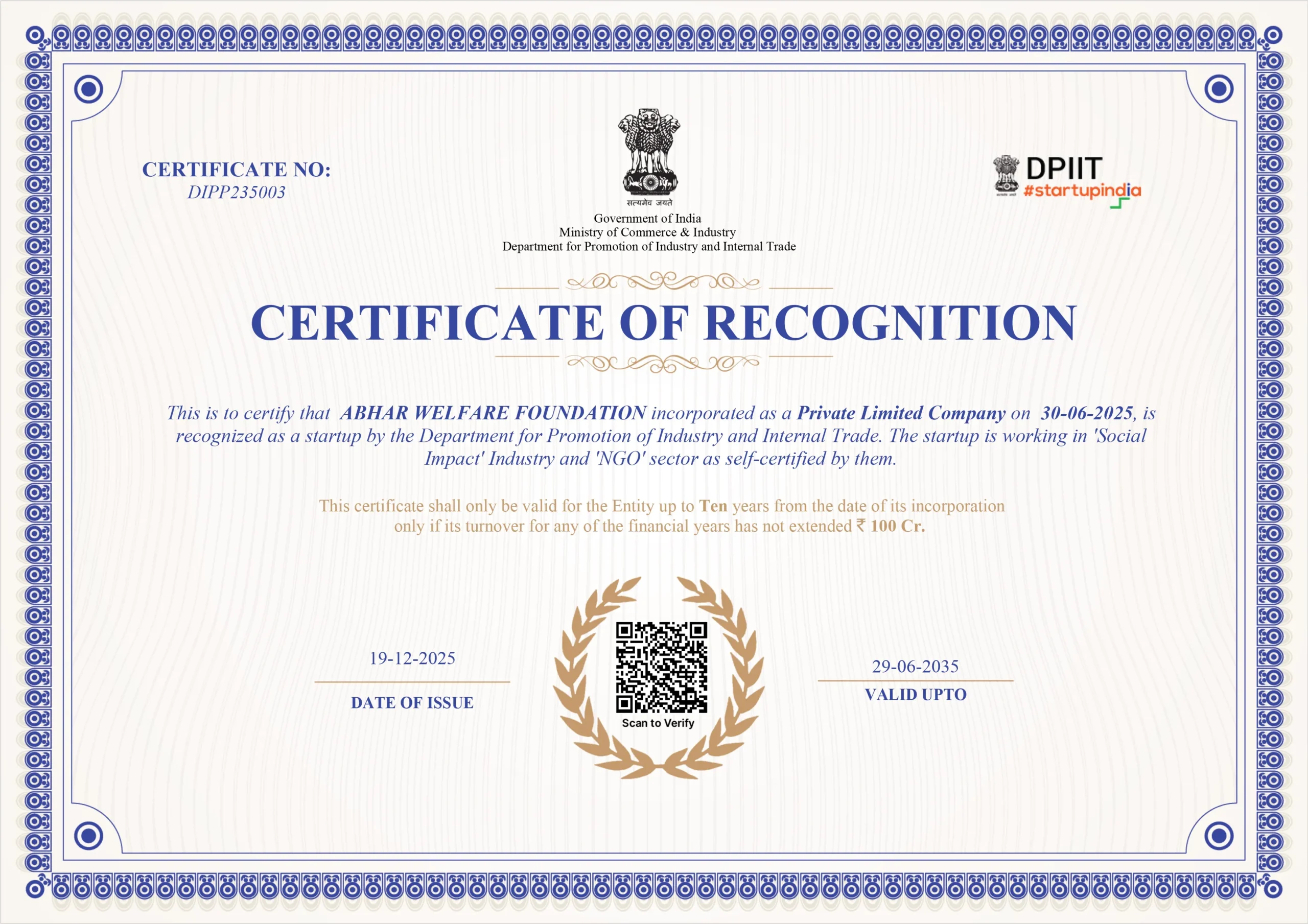 DPIIT Recognition Certificate
